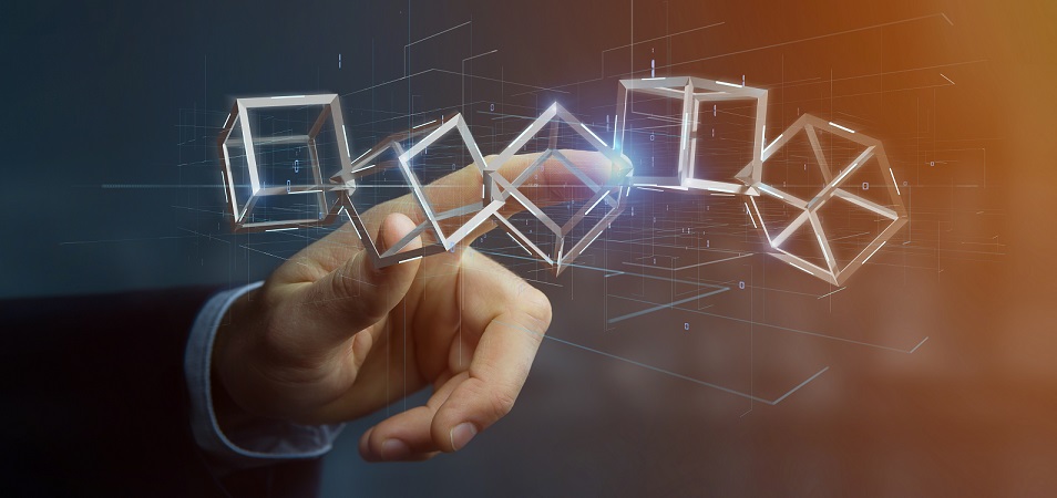 Businessman holding 3d rendering blockchain cube