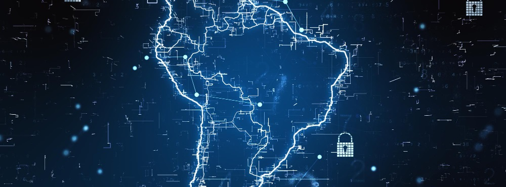 Network security concept with glowing digital South America map