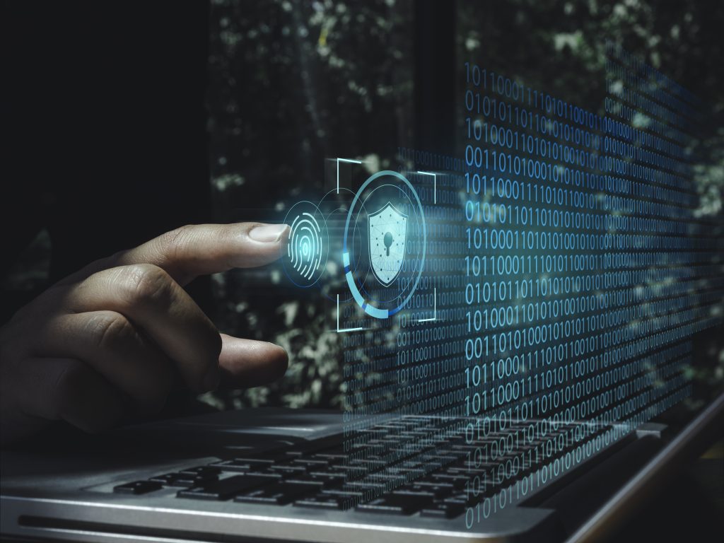 Data security with shield icon and identity verification